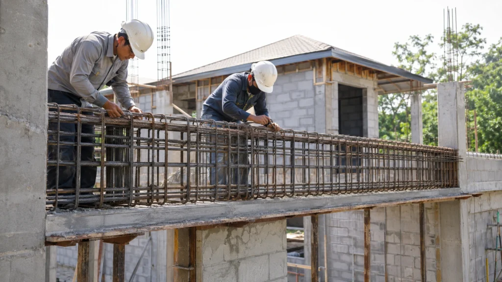 Para pekerja konstruksi memeriksa struktur beton bertulang.