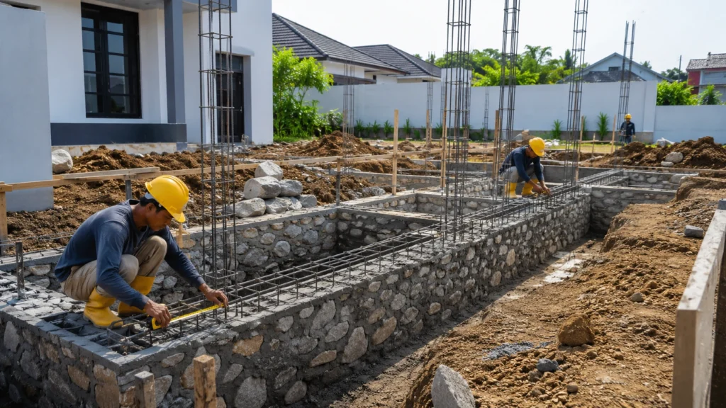 Pekerjaan pondasi di lokasi perumahan