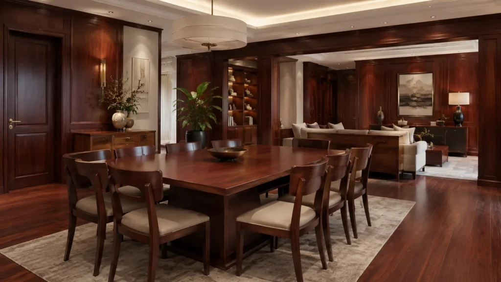 Ruang makan dan ruang tamu yang elegan dengan panel kayu.