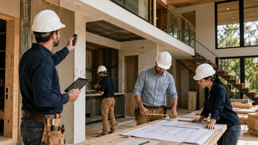 Tim konstruksi sedang bekerja di rumah modern.