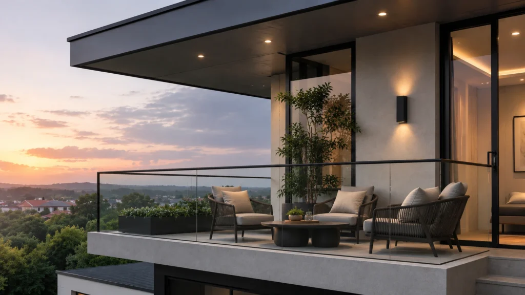 Balkon modern dengan cahaya senja