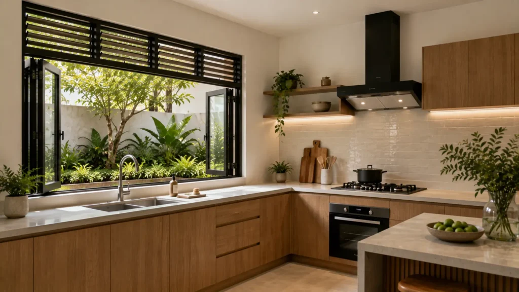 Dapur minimalis dengan pemandangan taman