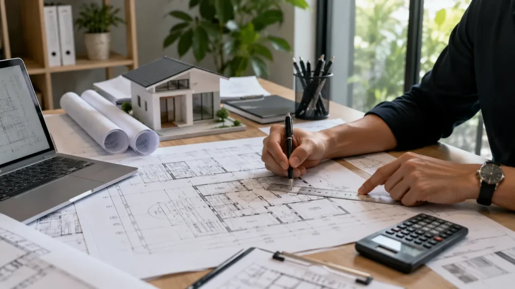 Ruang kerja arsitektur modern yang rapi