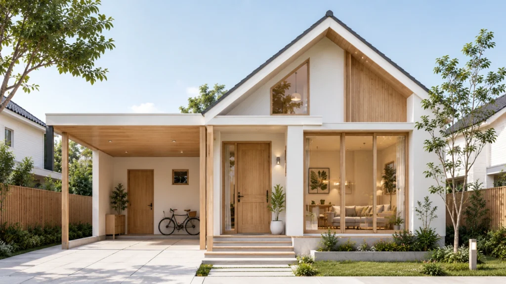 Rumah minimalis dengan elemen kayu dan tanaman