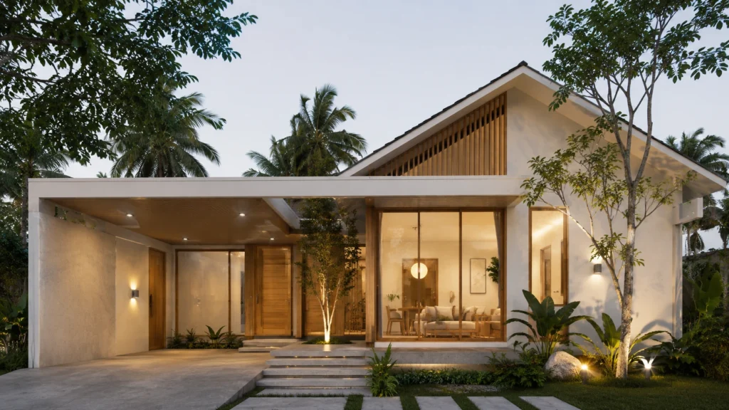 Rumah minimalis tropis di senja hari