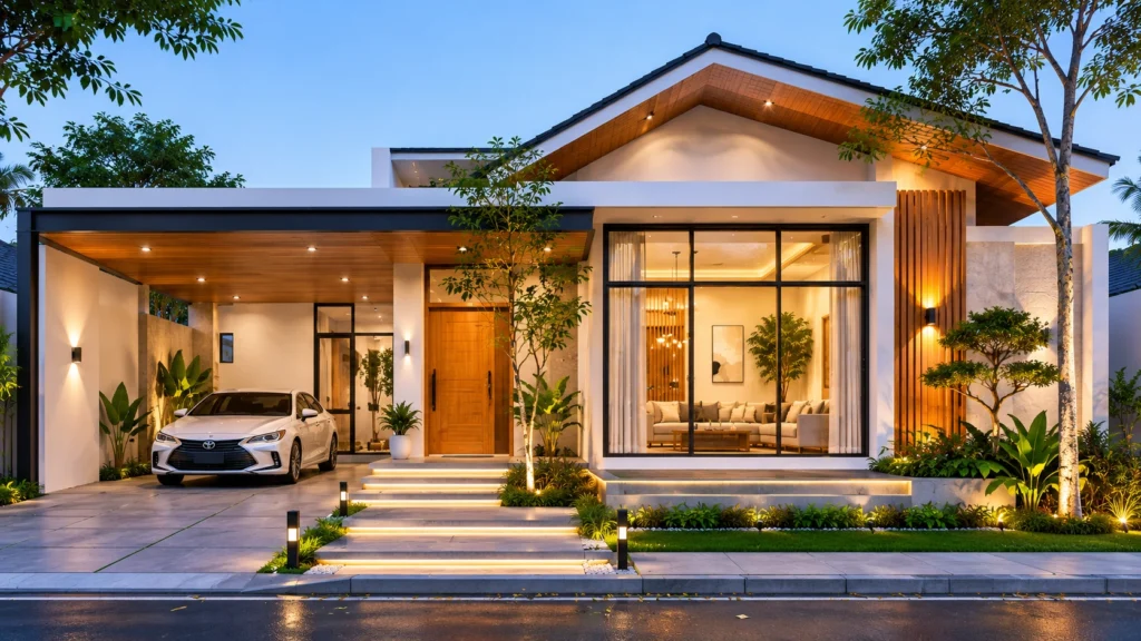 Rumah modern minimalis di senja hari