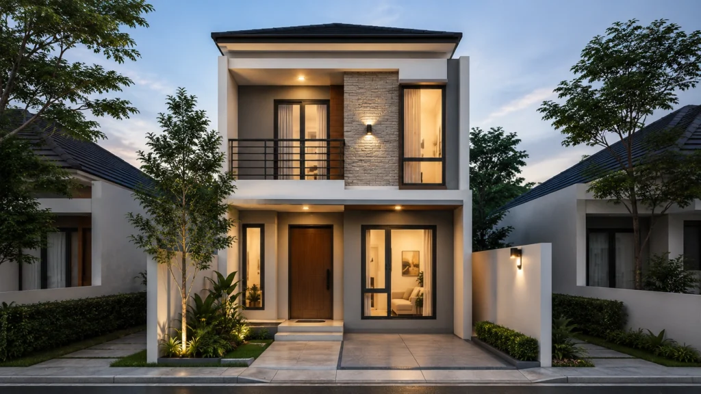 Rumah modern minimalis di senja hari