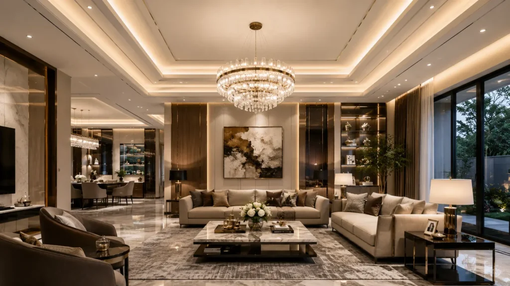 plafon ruang tamu mewah dengan chandelier