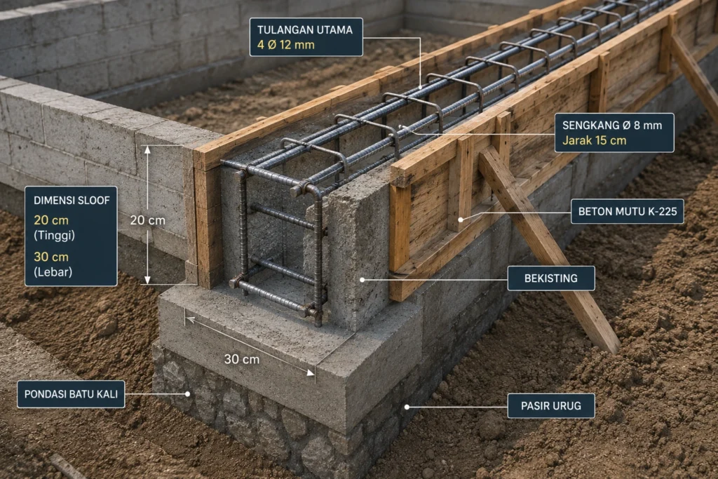 Diagram fondasi beton bertulang dan bekisting