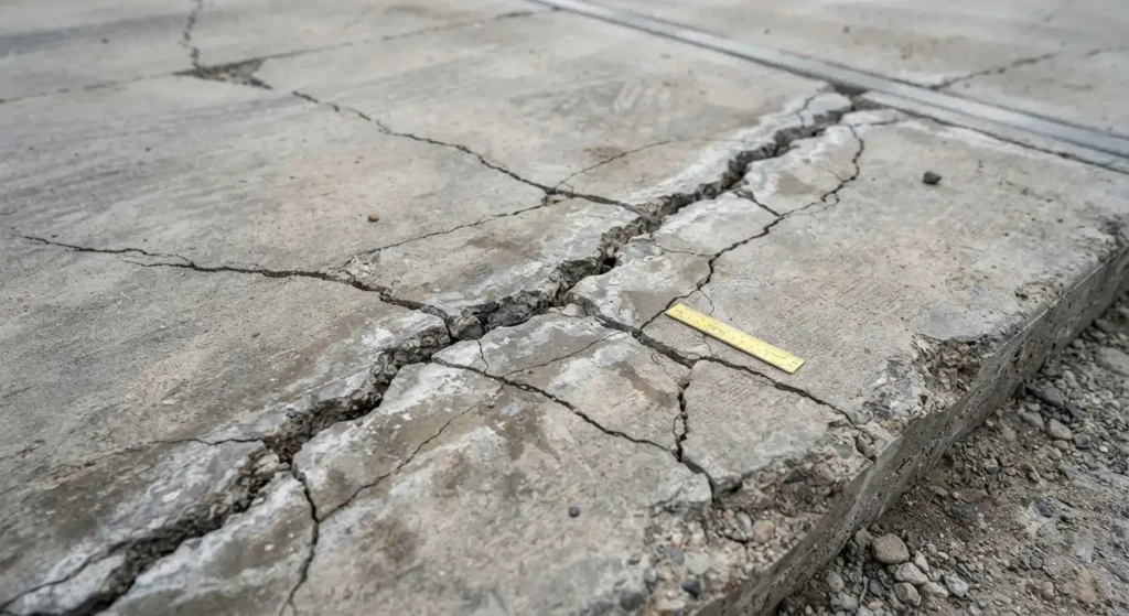 Foto close-up permukaan pelat beton yang retak