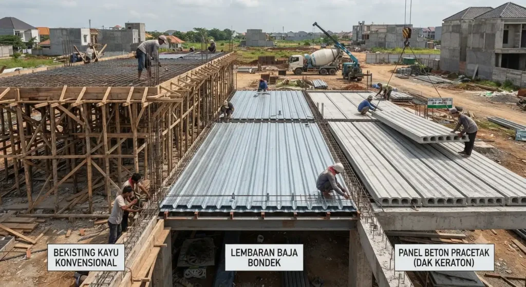 Foto perbandingan berdampingan tiga metode konstruksi dak