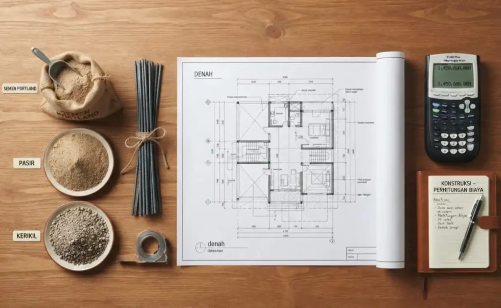 Ilustrasi flat lay konsep perhitungan biaya konstruksi