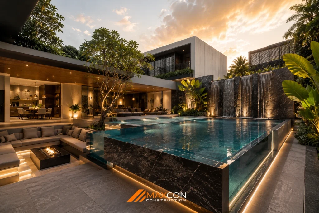 Kolam Renang Rumah Mewah dengan Air Mancur