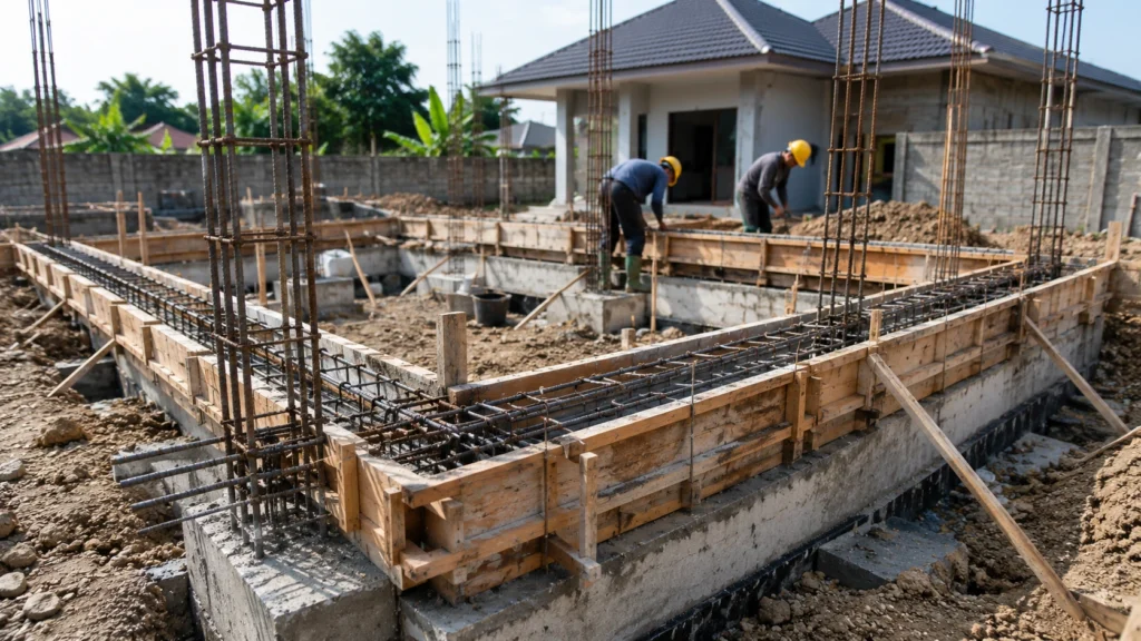 Pekerjaan fondasi di lokasi konstruksi sedang berlangsung.