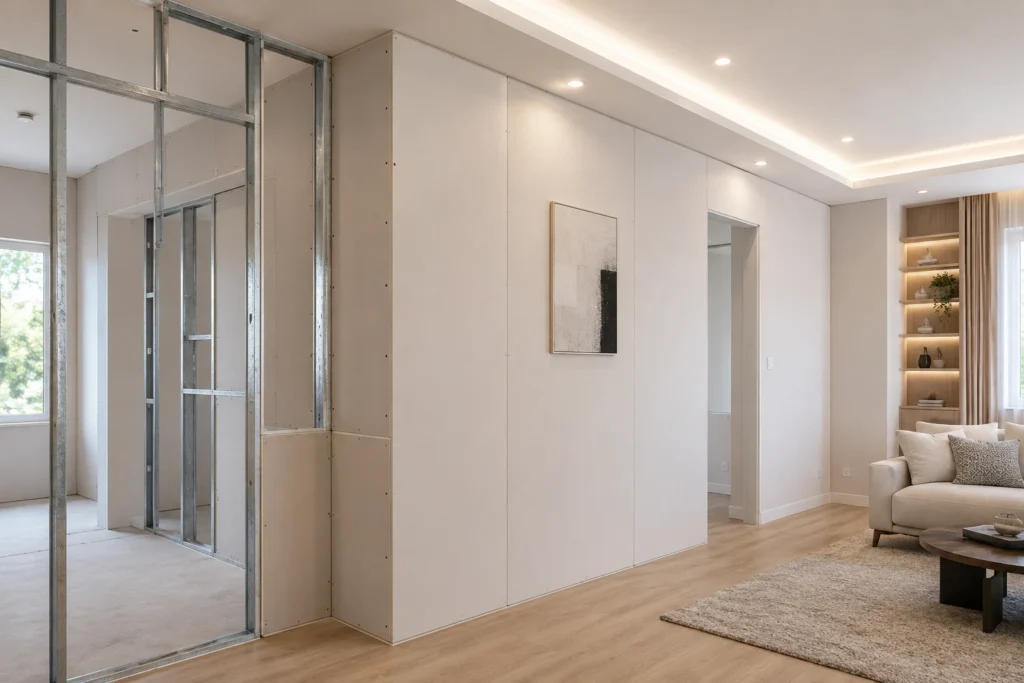 Ruang hunian modern dengan desain yang bersih menggunakan dinding gypsum