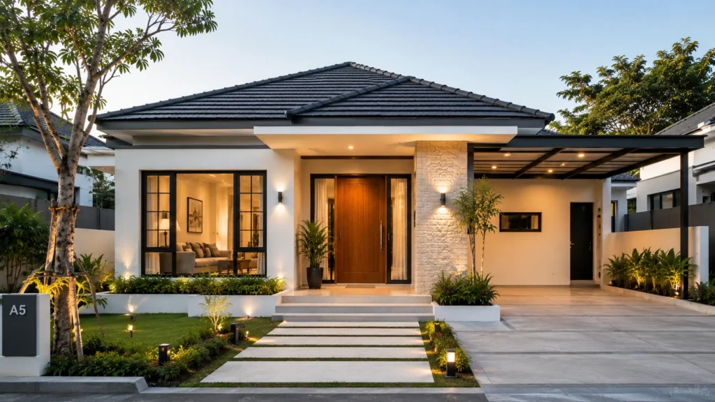 Rumah minimalis modern saat golden hour