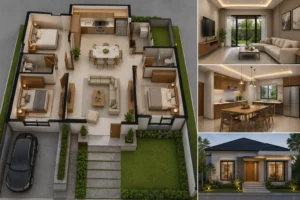 denah rumah 10x10 3 kamar tidur 3d