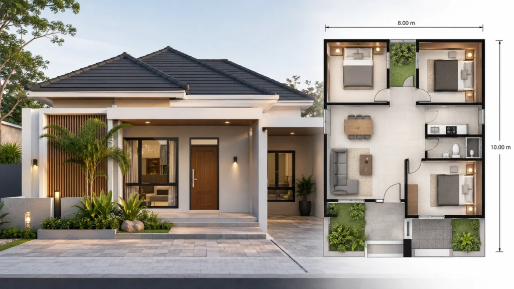 denah rumah 8x10 3 kamar tidur