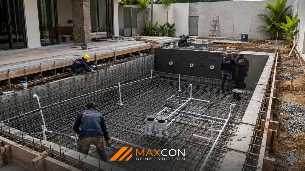 proses konstruksi kolam renang