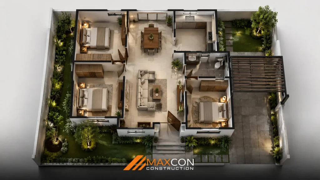 Denah rumah ukuran 7x10 yang dirancang dengan pembagian ruang