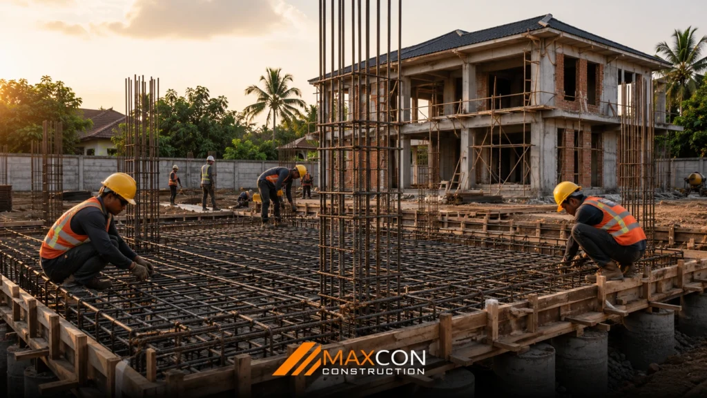Perakitan tulangan besi pada cakar ayam bangunan sebelum pengecoran beton.