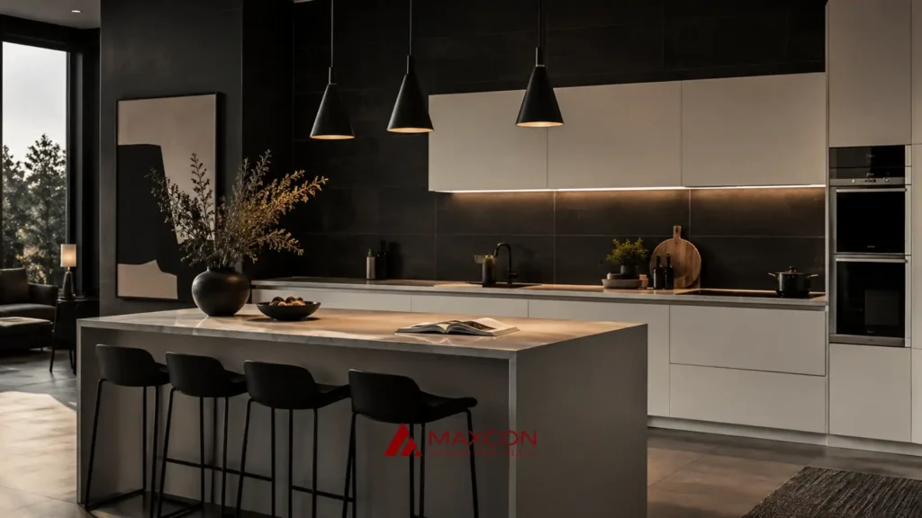 Dapur modern dengan warna keramik dapur hitam yang elegan