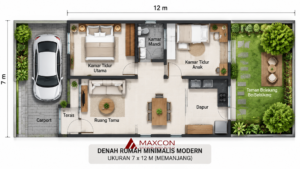 Denah rumah 7x12 memanjang tampak atas dengan pembagian ruang