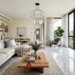 Ruang tamu dengan motif granit lantai mewah warna putih bergaya modern elegan