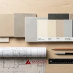 Sampel palet perpaduan warna keramik lantai dan dinding netral untuk interior modern